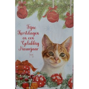 8 dubbele Kerstkaarten Franciens katten - rode kat met rode kerstviering - Kerst kaarten Francien met enveloppen