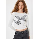 Koton - Shirt - Ecru/Zwart - Lange Mouw - Slanke Pasvorm