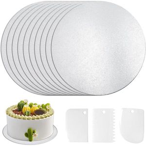 Taartbord verpakking van 10 ronde herbruikbare aan beide zijden met 3 stuks taartschrapers 30 cm voor het vervoeren van taarten of doe-het-zelf-knutselwerkjes Zilver
