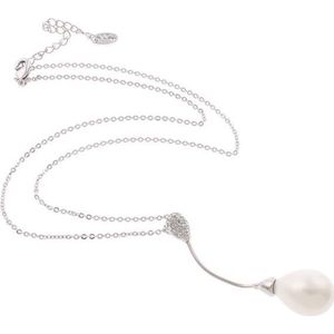 Mother of Pearl parelketting White Dangling Pearl - wit - zilver - stras steentjes - ketting met hanger