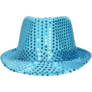 Boland Trilby hoed met pailletten - turquoise blauw - glitter - Themafeest hoedje