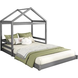 Merax Kinderbed Huisbed 140x200 cm – Huisvormig Bed van Kiefernhout met Lattenbodem (Zonder Matras) - Grijs