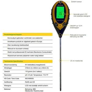 Vocht/pH/Licht/Grond Thermometer (4in1)