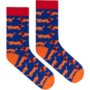 Teckel - sokken - teckelprint - maat 36/41 - blauw - oranje hond - dachshund - teckels - teckelsokken - teckel sokken - 100% organisch katoen