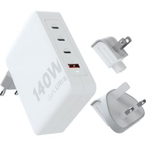 Xtorm 140W Reisstekker / Wereldstekker - GaN-Ultra Travel Charger + 20W USB-C PD Kabel - 3x USB-C + 1x USB A poort - Internationale Stekkers - GRS Materiaal - Wit