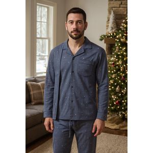 Heren pyjama - klassieke heren pyjama's met doorknoop - katoen - blauw-grijs- - maat M/L - winter pyjama- winterpyjama heren - knoopsluiting