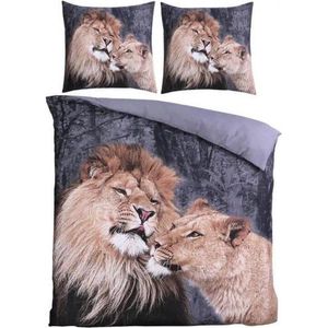 Dekbedovertrek Lion love -Eenpersoons-140x200/220+1 kussensloop 60 x 70 cm- Leeuwen - Beige/Grijs