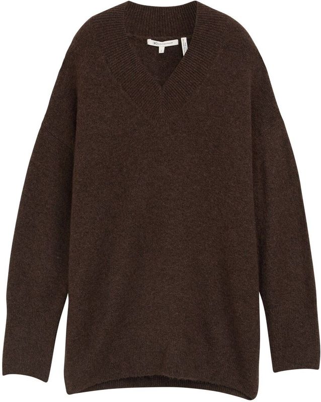 TOM TAILOR DENIM - Trui - Donkerbruin - Knitwear - V-hals - Lange Mouw