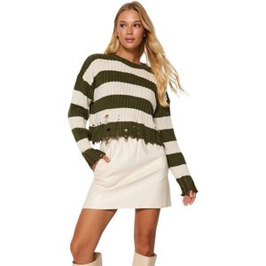 Trendyol Zwarte Cropped Gestreepte Gebreide Trui Met Brede Pasvorm Twoaw24Kz00905