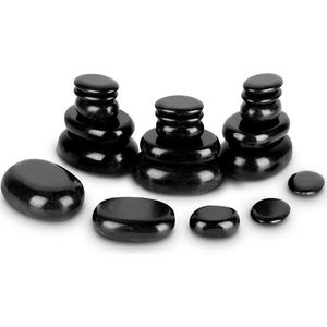 Hete stenen massage set - 20 stuks, zwart basalt, ovale vorm, etherische olie - pedicure, lichaamsmassage, ontspanning