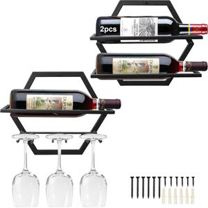 Bastix - Metalen wandmontage wijnhouder glaswerk glazen rek, 2 stuks hangend glazen wijnrek muurhangende rode wijnrek organisator met 3 steel glazen houders voor thuis keuken bar display decoratie
