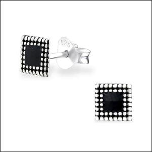 Aramat jewels ® - Etnische zilveren oorbellen vierkant geoxideerd zwart 5mm