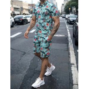 2 delige Heren Zomer Set – Korte Mouwen & Shorts – Tropisch Design – Mintgroen maat M