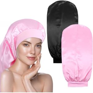 Lange Satijnen Slaapmuts voor Dames - Ideaal voor Lang Haar en Krullen - Inclusief Strikband en Scrunchies (Zwart, Roze)