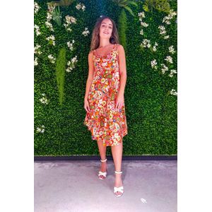 Lange dames jurk Lineke gebloemd motief oranje geel wit groen bruin rood zwart strandjurk maat 36-44