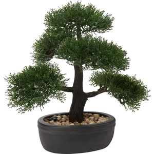 Kunstbonsai natuurgetrouwe kunstboom bonsai ceder grenen plastic plant kunstplant met keramische pot in zwart voor badkamerdecoratie, desktop kantoor vensterbank