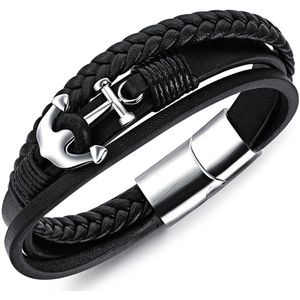 Victorious Leren Armband Heren – RVS Roestvrij Staal Sluiting – Zilveren Anker – Zwart – 22cm