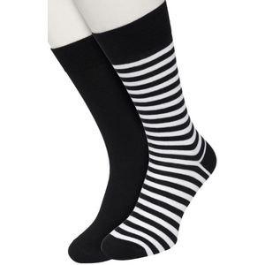 Bonnie Doon Sokken Set Gestreept en Effen voor Heren Zwart/Wit maat 40/46 - Set met 2 paar Sokken - Strepen - Katoenen Sok - Gladde Naden - Brede Boord - Perfecte Pasvorm - 2-pack - Multipack - Black - White - OL0121012.142