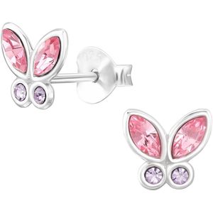 Joy|S - Zilveren vlinder oorbellen - 6.5 x 7 mm - paars / lila roze kristal