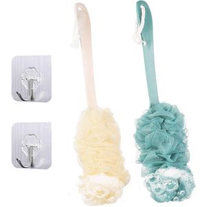 2 stuks lange steel rugborstel scrubber douche-lichaamsborstels voor mannen en vrouwen met badnet spons - blauw