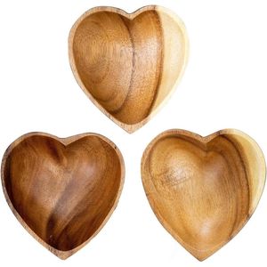 Set van 3 acaciahouten kommen 10x3cm hart design fruitschaal fruitmand - unieke tafeldecoratie Schalen set
