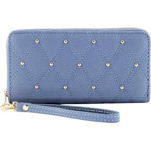 Nouka Blauwe Dames Portemonnee met Diamant Patroon– Portefeuille – Clutch - PU Leer – met Ritssluiting – 12 Pasjes – Briefgeld - Muntgeld – Cadeau Voor Vrouwen