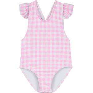 Supercute baby badpak geruit roze wit met gekruiste bandjes en drukknopen maat 68/74