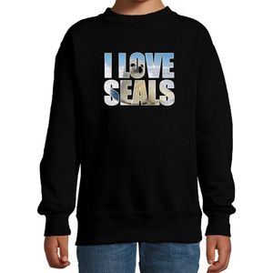 Tekst sweater I love seals met dieren foto van een zeehond zwart voor kinderen - cadeau trui zeehonden liefhebber - kinderkleding / kleding 110/116