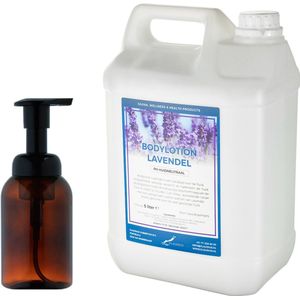 Zeepdispenser 300 ml amber bruin hervulbaar + 5 liter Bodylotion Lavendel navulling