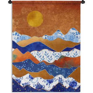 Wandkleed - Wanddoek - Delfts Blauw - Patronen - Goud - 90x120 cm - Wandtapijt