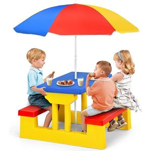 Kinderzitgroep picknickset zitgroep kindermeubels tuinmeubelen van PP-materiaal voor kinderen incl. parasol, 2 banken en tafel (rood-blauw-geel)