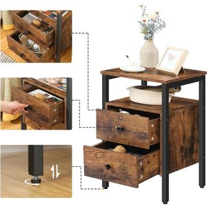 J&R Nachtkastje - Donker hout - Rustic brown - Zijtafel - Bijzettafel - Industrieel - 2 lades - Opbergplanken - 40x40x61 cm