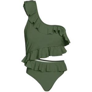 Groen Badpak One Shoulder - Dames Badpakken - Zwempak - Maat S - Groen - Yehwang