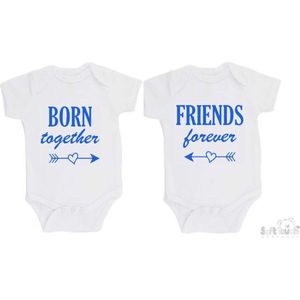 100% katoenen Rompers 2-pack ""Born together Friends forever"" Jongens Katoen Wit/blauw Maat 56/62