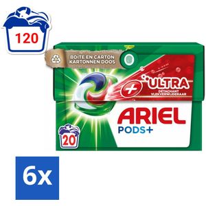 Ariel +Ultra - Vlekverwijderaar & Wasmiddelcapsules - Pods+ - Witte en Gekleurde Was - 20 Wasbeurten - Voordeelverpakking - 6 stuks