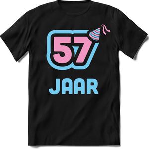 57 Jaar Feest kado T-Shirt Heren / Dames - Perfect Verjaardag Cadeau Shirt - Licht Blauw / Licht Roze - Maat 5XL