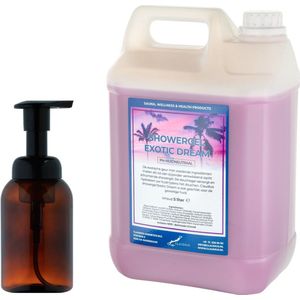 Zeepdispenser 300 ml amber bruin hervulbaar + 5 liter Showergel Exotic Dream navulling