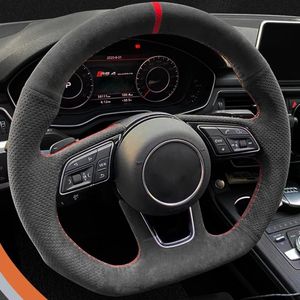 BukkitBow – Suede Stuurwiel / Stuurhoes – Geschikt voor Audi A3 / A4 / A5 / Q2 - Met Rode Sticksels en 12 uurs Streep – Sportieve RS3 / RS4 / RS5 Look – Zwart