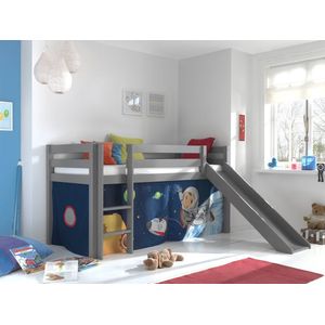 LUCEVI - Pino Halfhoogslaper H115CM + Ladder + Glijbaan + Space Gordijntjes - Grijs - 90x200 cm