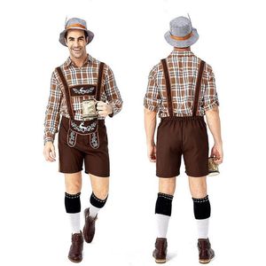 Veran Oktoberfest - Kostuum - Lederhosen - Blouse - Hemd - Geruit - Broek - Hoed - Oktoberfest - Tiroler - Man - Heren - Set - Bruin - Wit - M