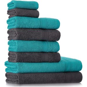 Handdoekenset grijs - turquoise | %100 katoen frotee handdoeken set 8-delig | 2x badhanddoeken set, 4 x handdoeken, 2 x gastendoekjes | zacht en absorberend | Kleur: grijs - turquoise