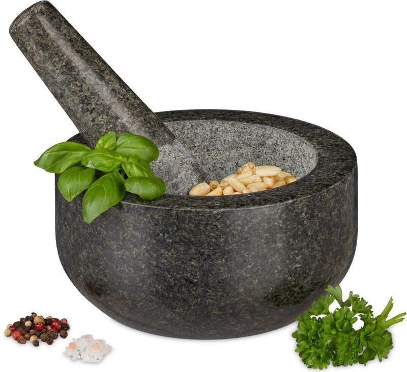 Relaxdays vijzel met stamper - kruiden vermaler - grijs - 16 cm - mortier - steenmortel