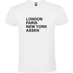 Wit T-shirt 'LONDON, PARIS, NEW YORK, ASSEN' Zwart Maat XS