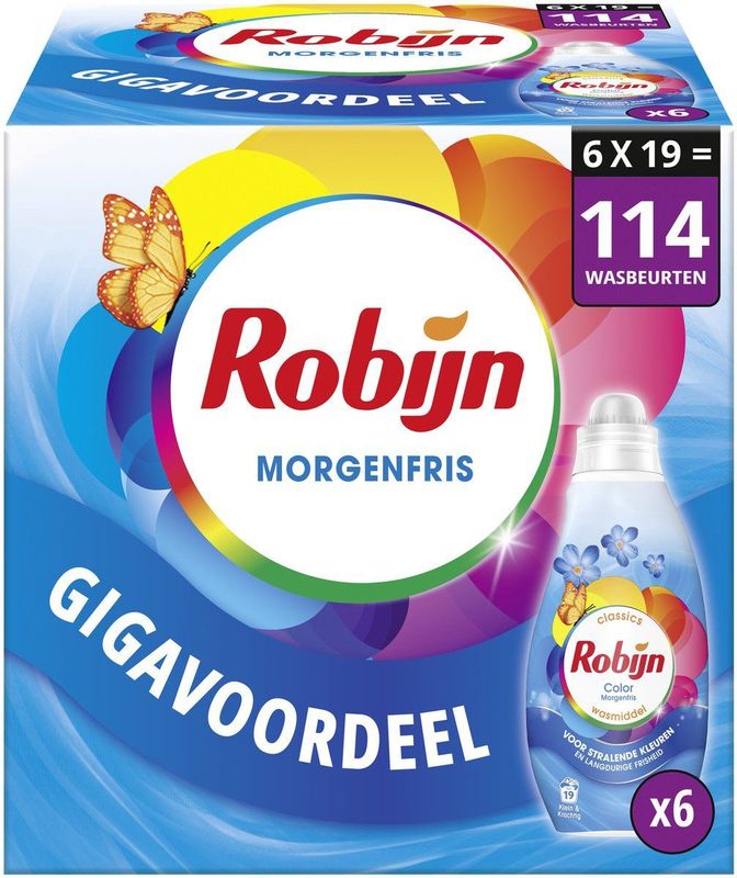 Robijn Klein & Krachtig Classics Vloeibaar Wasmiddel - Color Morgenfris - met 85% biologisch afbreekbare ingrediënten* - 6 x 19 wasbeurten