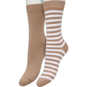 Bonnie Doon Sokken Set Gestreept en Effen voor Dames Bruin/Wit maat 36/42 - Set met 2 paar Sokken - Strepen - Katoen Sok - Gladde Naden - Brede Boord - Perfecte Pasvorm - 2-pack - Multipack - Licht Bruin - Lichtbruin - White - Sandstorm - OL041101.11
