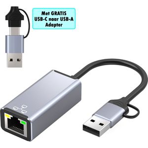 USB-C naar LAN Hub - USB-A Plug - Ethernet Adapter - USB 3.0 - Zwart