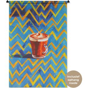 Wandkleed 90x135 cm - Wanddoek Mok - Koffie - Zigzag - Slagroom - Wandtapijt - Wandkleden
