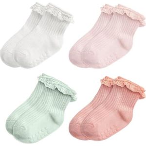 4 paar meisjessokken met ruches, zachte katoenen babysokken met antislip-ruffles, geschikt voor pasgeborenen van 1-3 jaar.