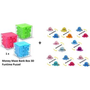 Money Maze Bank Box 3D Funtime Puzzel + keychain mood octopus knuffel 13 cm - sleutelhanger neem overal mee - gevoel