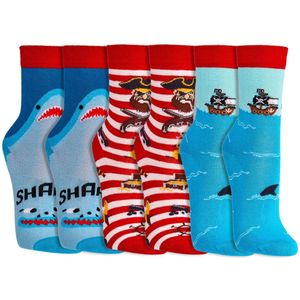 Kindersokken | Grappige sokken | Print: Piraten | Kleur: Blauw | Maat: 23-26 | 6 paar